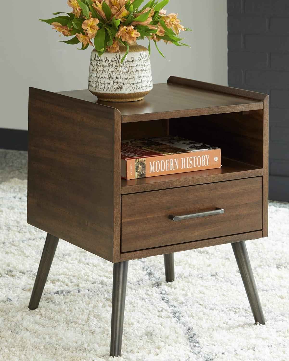 Signature Design by Ashley Calmoni Mid-Century Square End Table with 2 USB Charging Ports, Brown