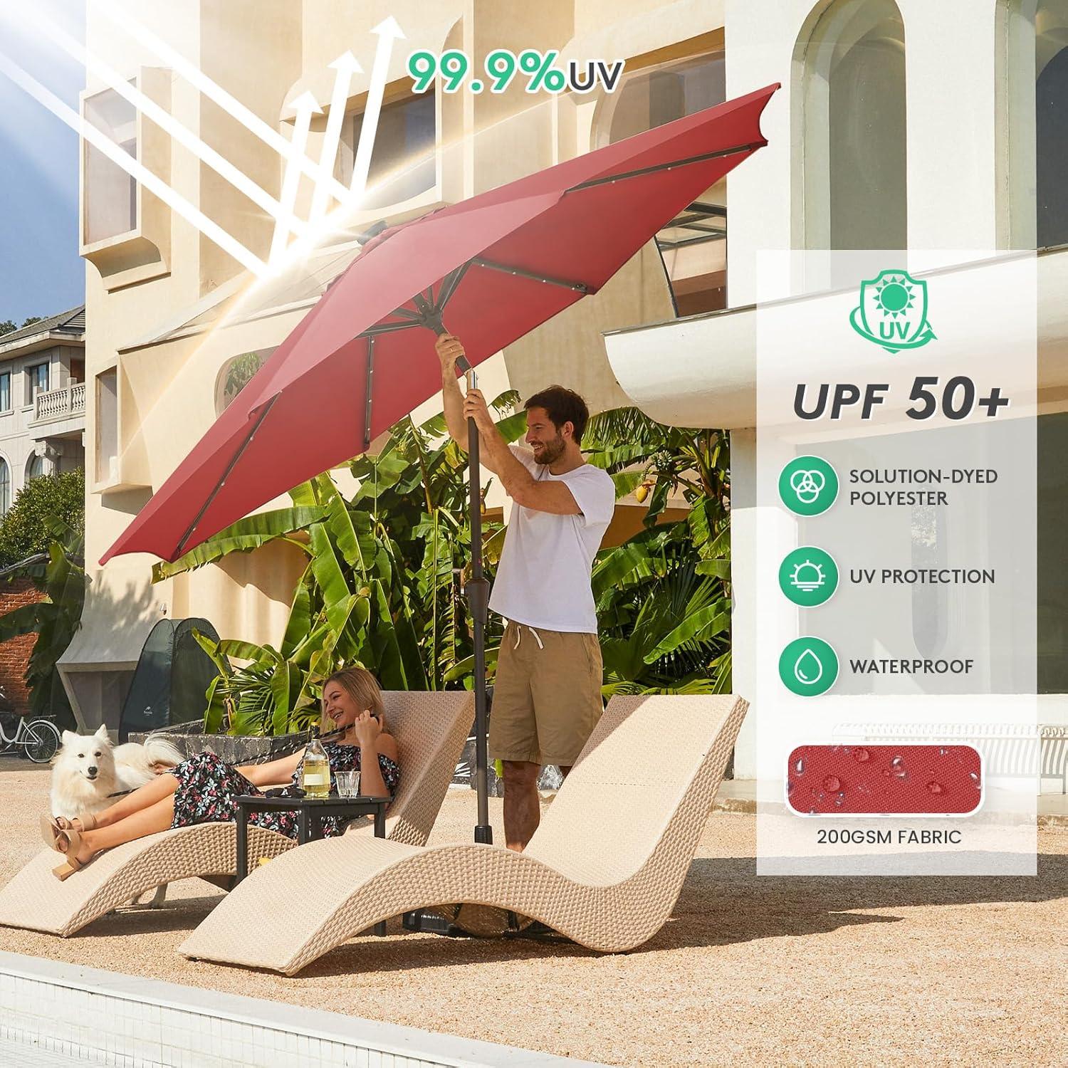 JEAREY Upgrade 9FT LED Lighted Patio Umbrella, Solar Outdoor Umbrella, Tilt Table Umbrella for Pool, Deck & Yard (Red)