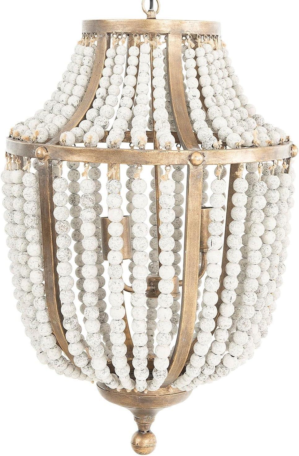 Distressed White Wood Bead & Metal Chandelier for Coastal Charm