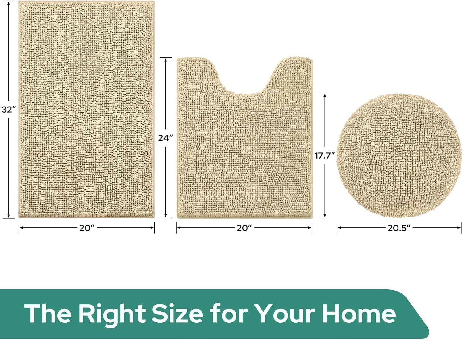 HOMEIDEAS 3 Pieces Beige Bathroom Rugs Set, Ultra Soft Non Slip Bath Rug and Absorbent Chenille Bath Mat, Includes U-Shaped Contour Rug, Bath Mat and Toilet Lid Cover, Perfect for Bathroom, Tub