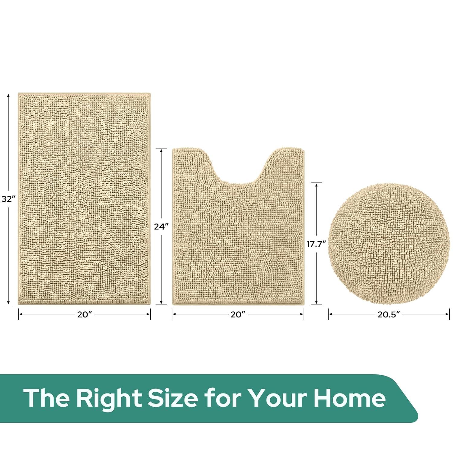 HOMEIDEAS 3 Pieces Beige Bathroom Rugs Set, Ultra Soft Non Slip Bath Rug and Absorbent Chenille Bath Mat, Includes U-Shaped Contour Rug, Bath Mat and Toilet Lid Cover, Perfect for Bathroom, Tub