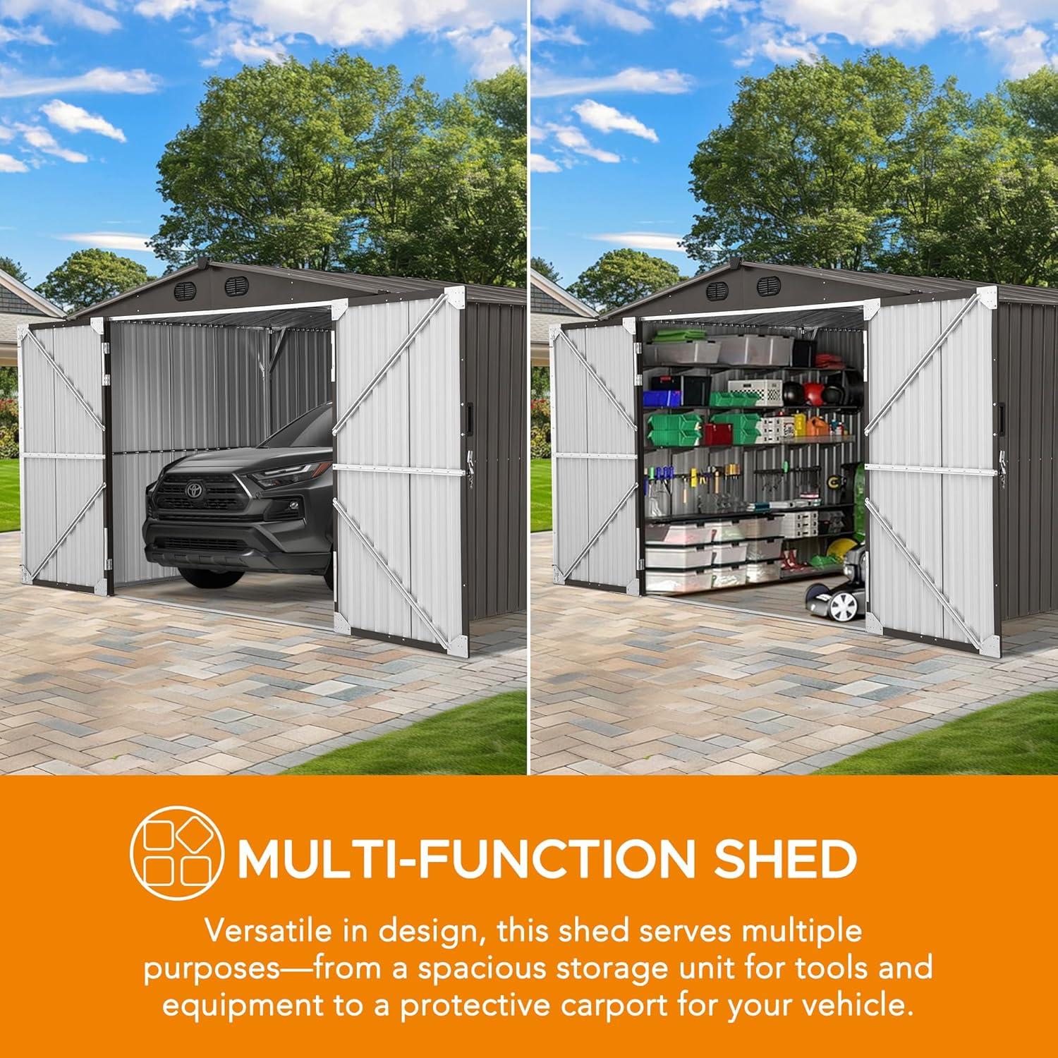 Sunjoy Outdoor Storage Shed 10 x 20 ft. Carport, Patio Metal Utility Large Storage Shed Garage with 2 Doors and 4 Vents, for Car, Truck, Bike, Garbage Can, Tool, Lawnmower, Tan