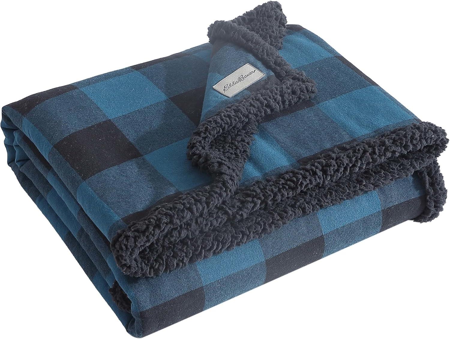 Blue and Black Reversible Sherpa Fleece Throw Blanket