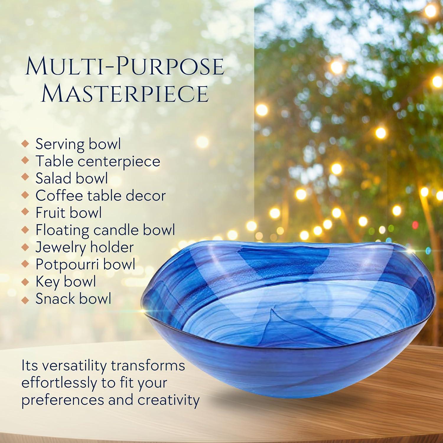 Badash Decorative Glass Serving Bowl, Alabaster Glass Centerpiece Fruit Bowl, Home Décor Table Accent Bowl, 10” Diameter, Cobalt Blue