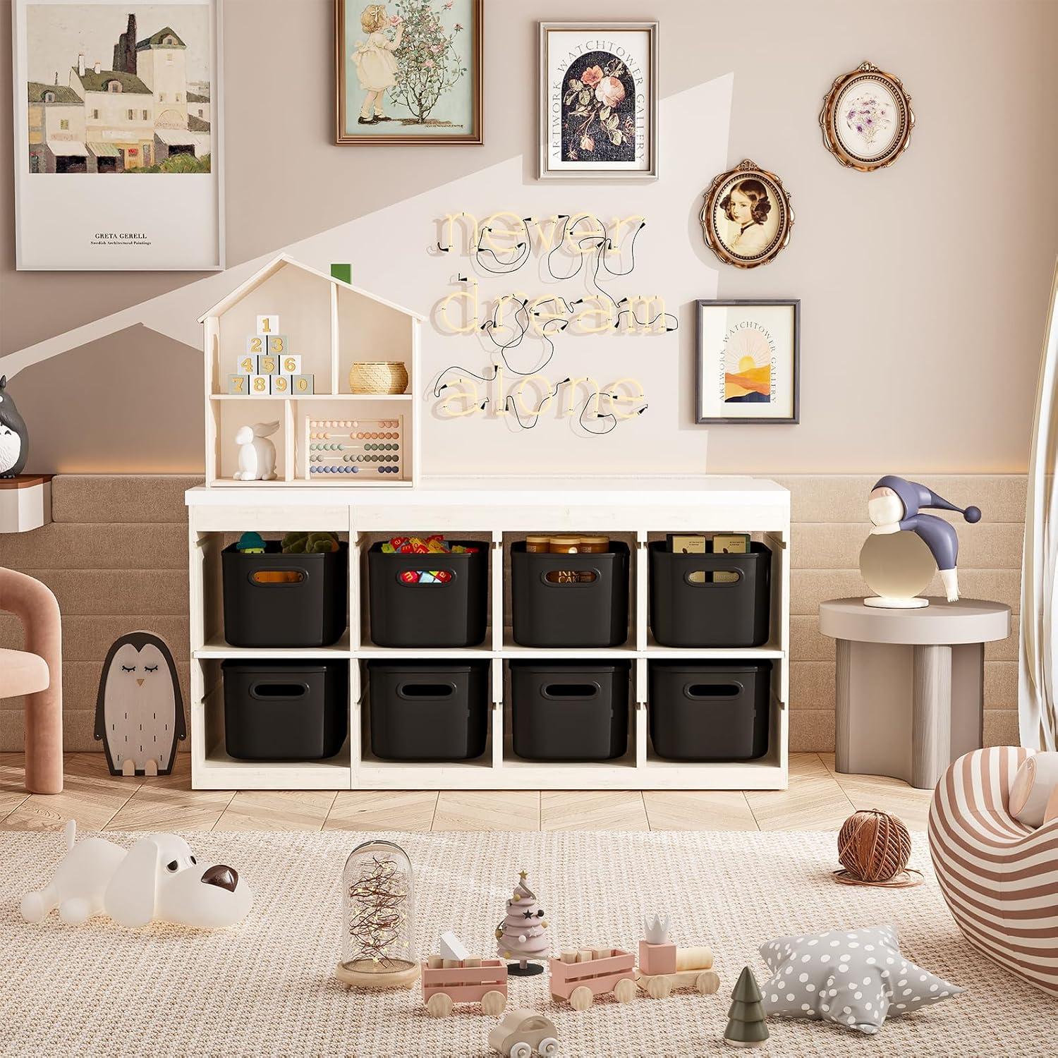 8 Pieces Colorful Storage Bins with Lid and Handle, Plastic Stackable Baskets Desktop Cube Box Cubby Bins Containers for Shelf Cabinet Bedroom Office (Multi-colored,14.2 x 10.2 x 9.5 Inch)