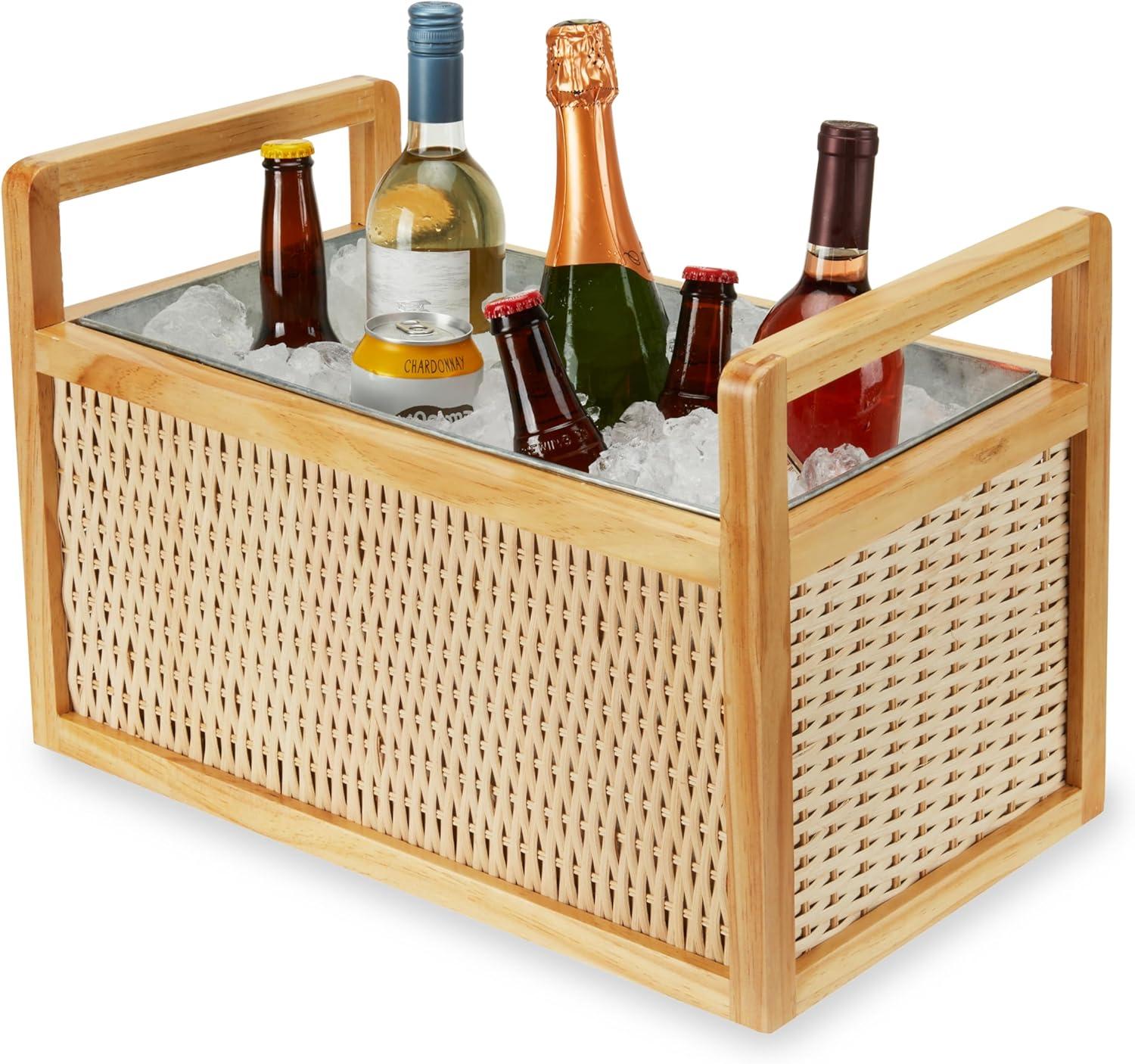 Twine Rattan and Wood Bottle Cooler Basket, Beverage Tubs for Parties, Beverage Chiller Ice Bucket for Drinks with Handles, Holds 8 Wine Bottles or 6.5 Gallons Set of 1