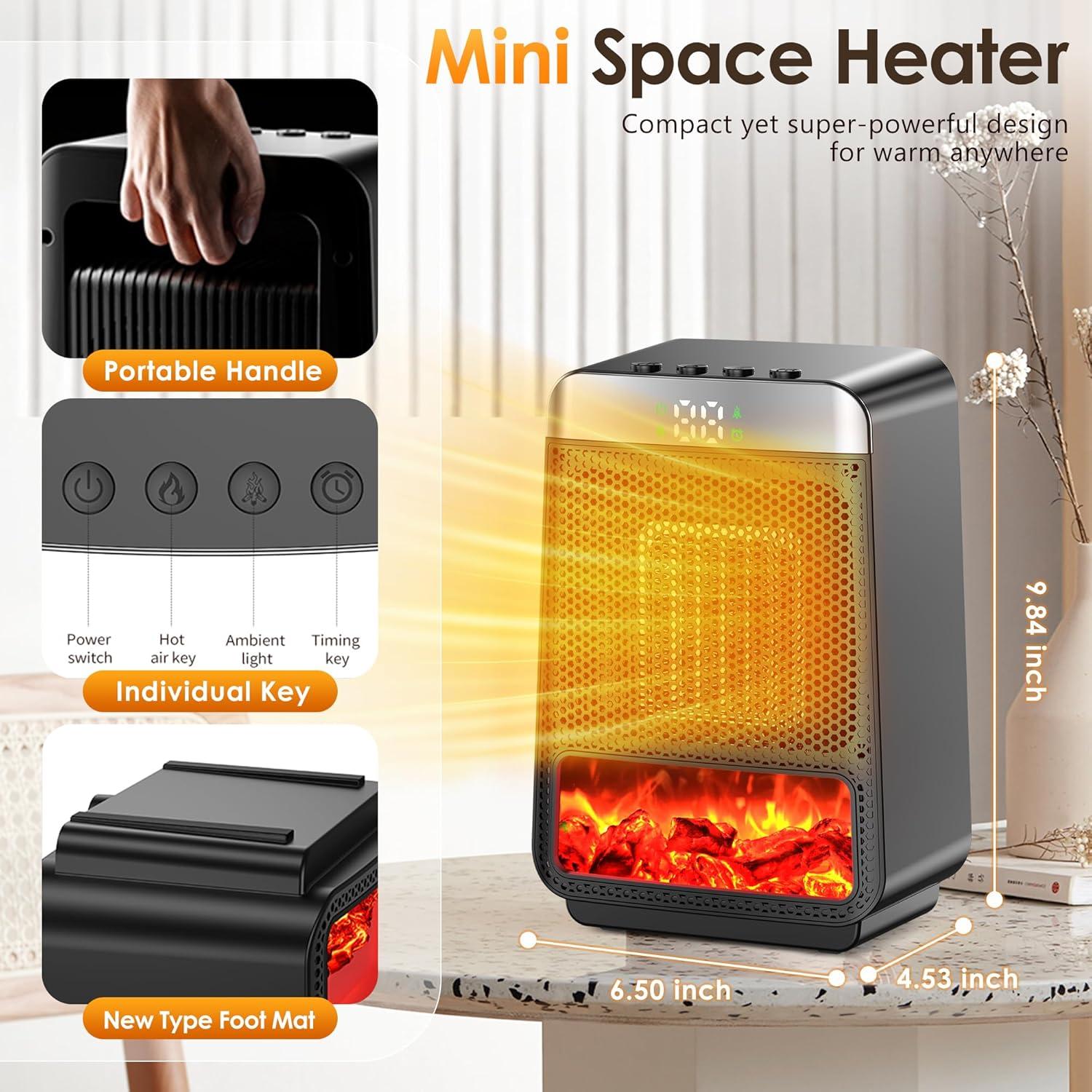 Portable Space Heater For Indoor - Small Electric Flame Heaters With Thermostat - PTC Fast Heating Ceramic Room Heater With Dynamic Ambient Lighting For Bedroom, Office And Camping Use