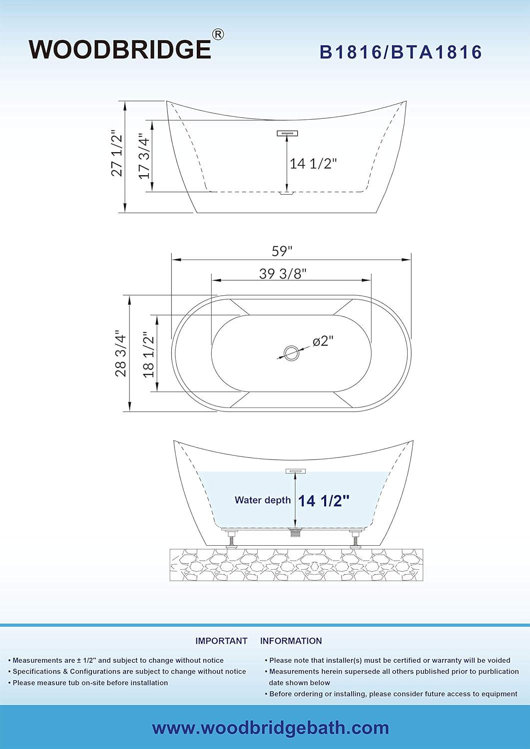 WoodBridge 59'' x 28.75'' Freestanding Soaking Acrylic Bathtub BTA-1816:Black/Brushed Nickel