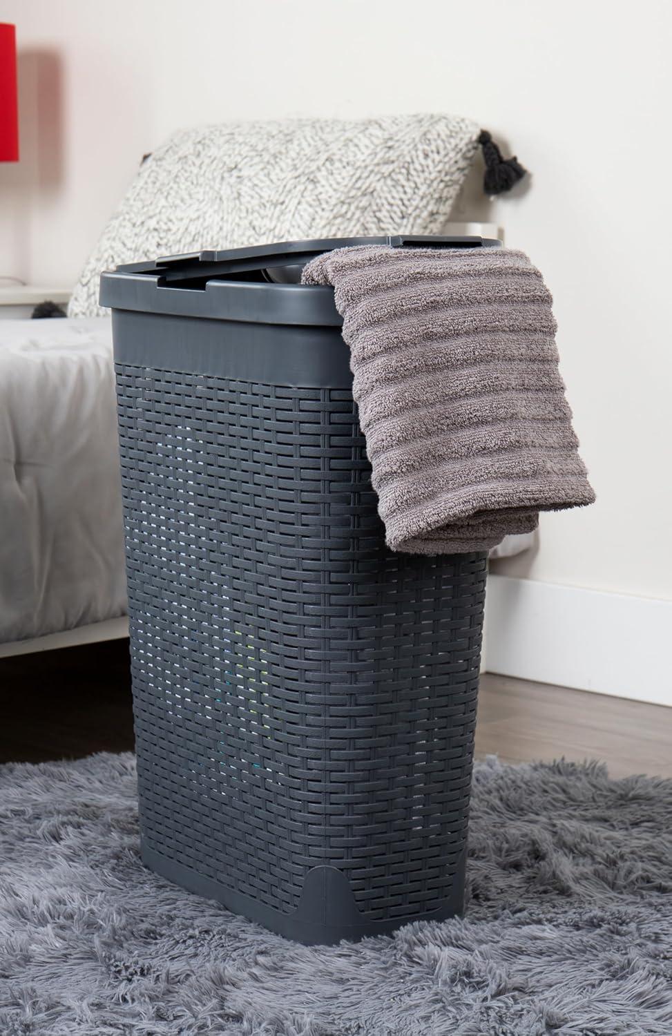 The Twillery Co.® 40L Slim Laundry Hamper, Clothes Basket, Lid, Wicker Design, Plastic