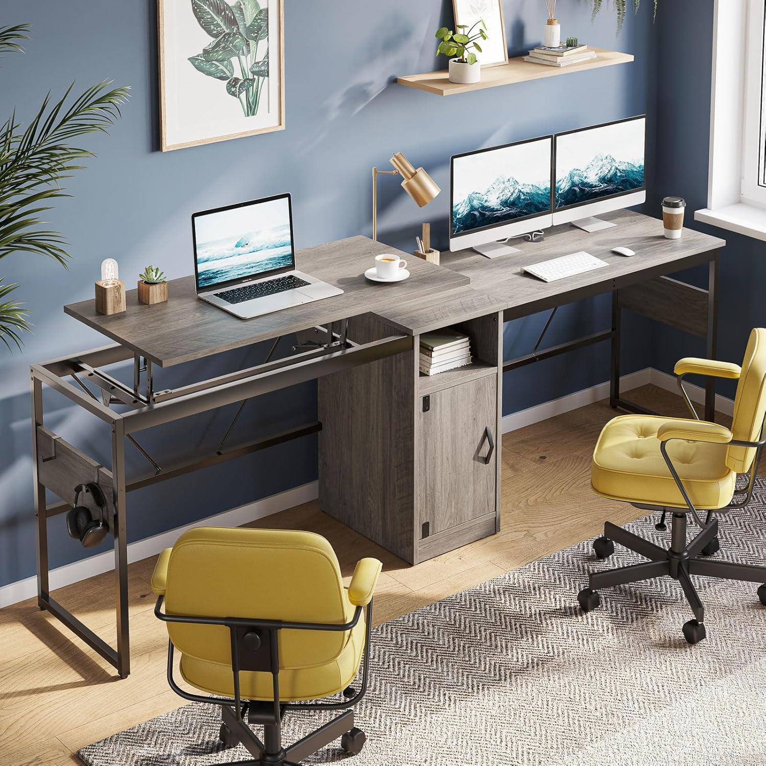 Bestier Reversible 60 inches L Shaped Computer Desk with Storage Cabinet Long Desk for 2 Person Wash Grey