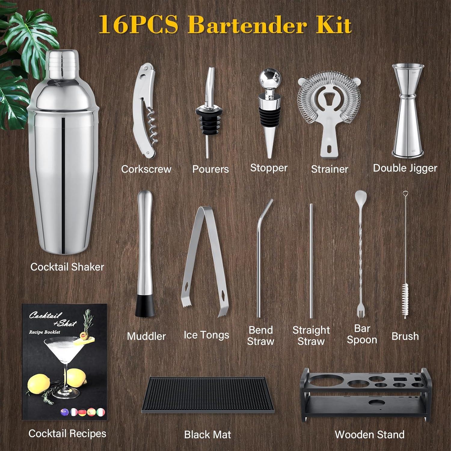 VONATES 16Pcs Cocktail Shaker Set Bartender Kit with Stand,Bar Set Drink Mixer Set with All Essential Bar Accessory Tools