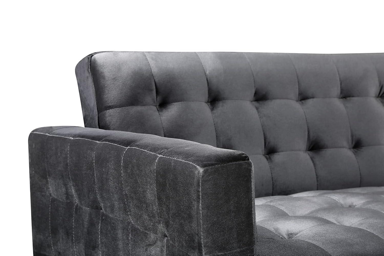 Luxurious Gray Velvet Tufted Sectional with Gold Metal Legs