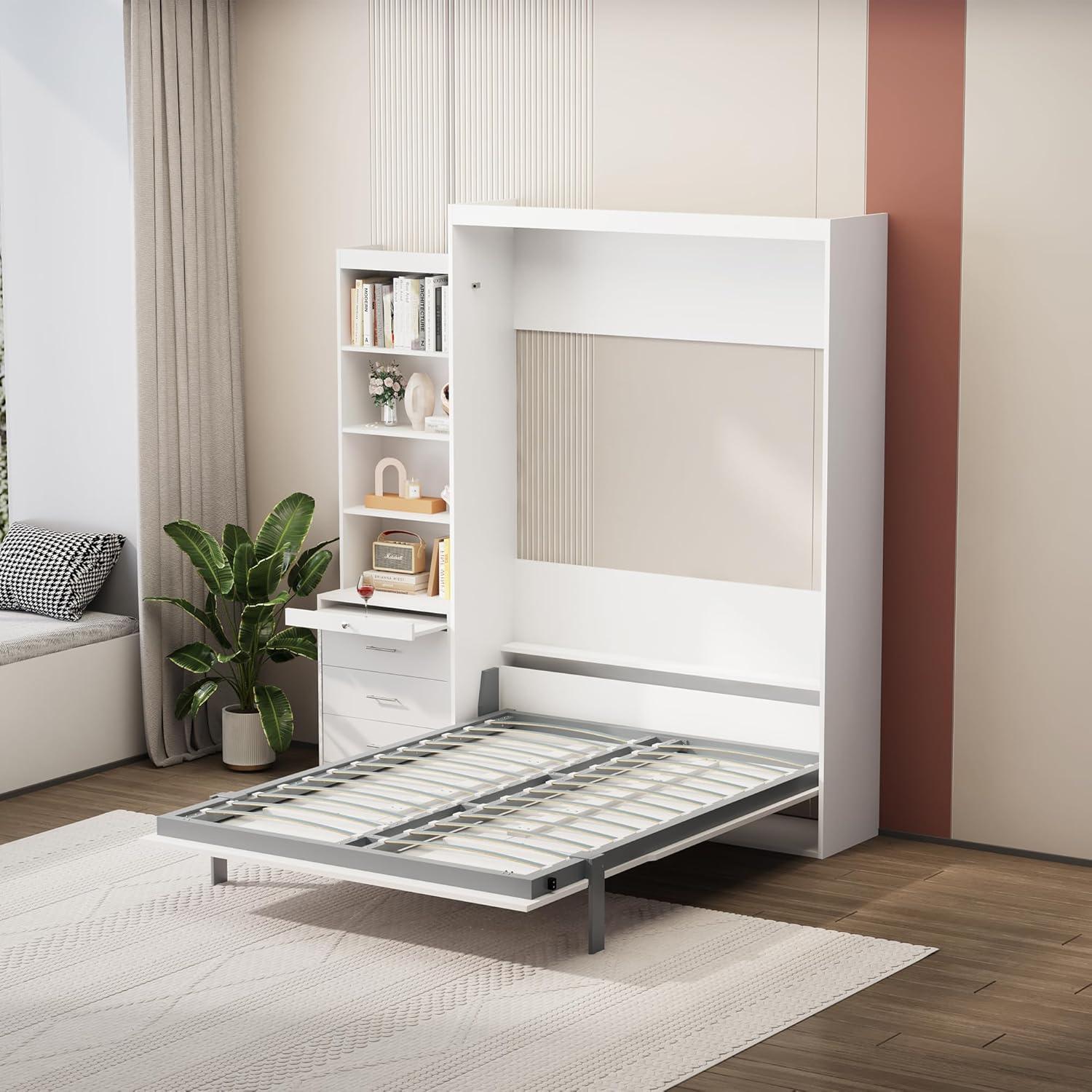 Bellemave Modern Full Size Murphy Bed with Storage Shelf and Drawers for Bedroom or Guestroom,Murphy Chest Bed Space-Saving Folding White Wall Bed with New Style,White