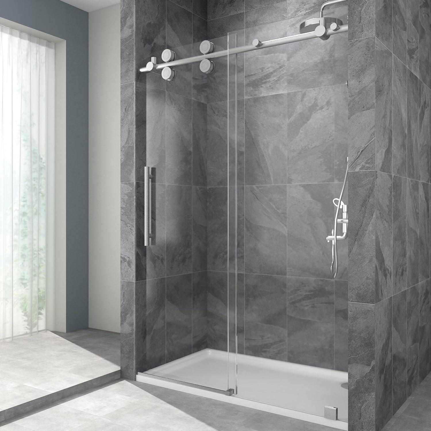 Frameless Sliding Shower Door, 76 x (44-48) Inch Frameless Shower Door, 5/16" (8mm) Clear Tempered Glass in Brushed Nickel Finish, Glass Shower Door