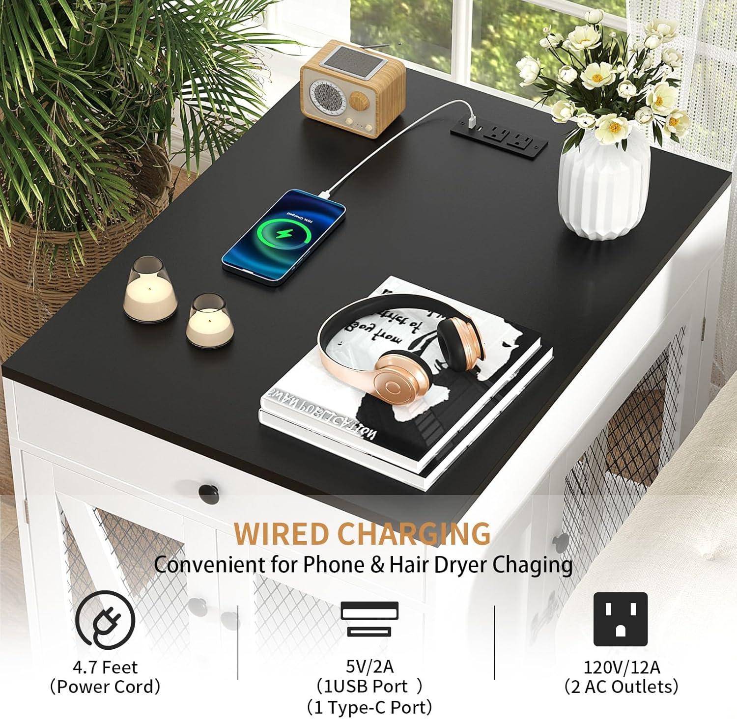 Tucker Murphy Pet™ Dog Crate Furniture, Wooden Dog Kennel End Table with USB Charging Station, Storage Drawer, Double Latched Door, Farmhouse Furniture-Style Crate Side Table for Dogs Under 40 lbs, Indoor Use