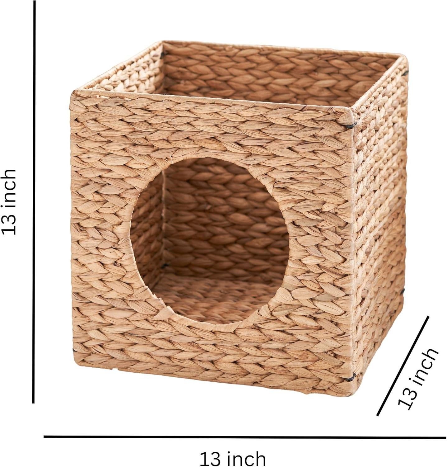 Natural Brown Water Hyacinth Wicker Square Cat Bed Cave