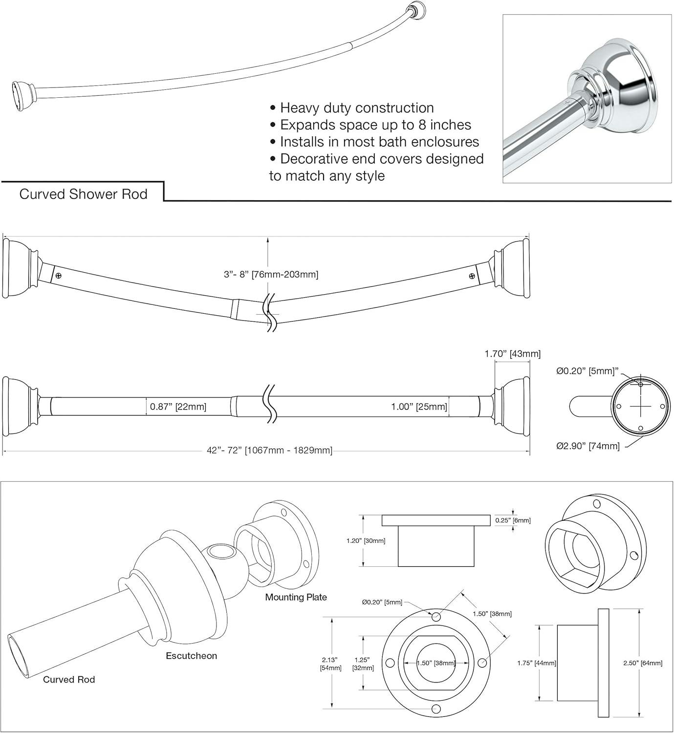 Adjustable Chrome Curved Shower Curtain Rod