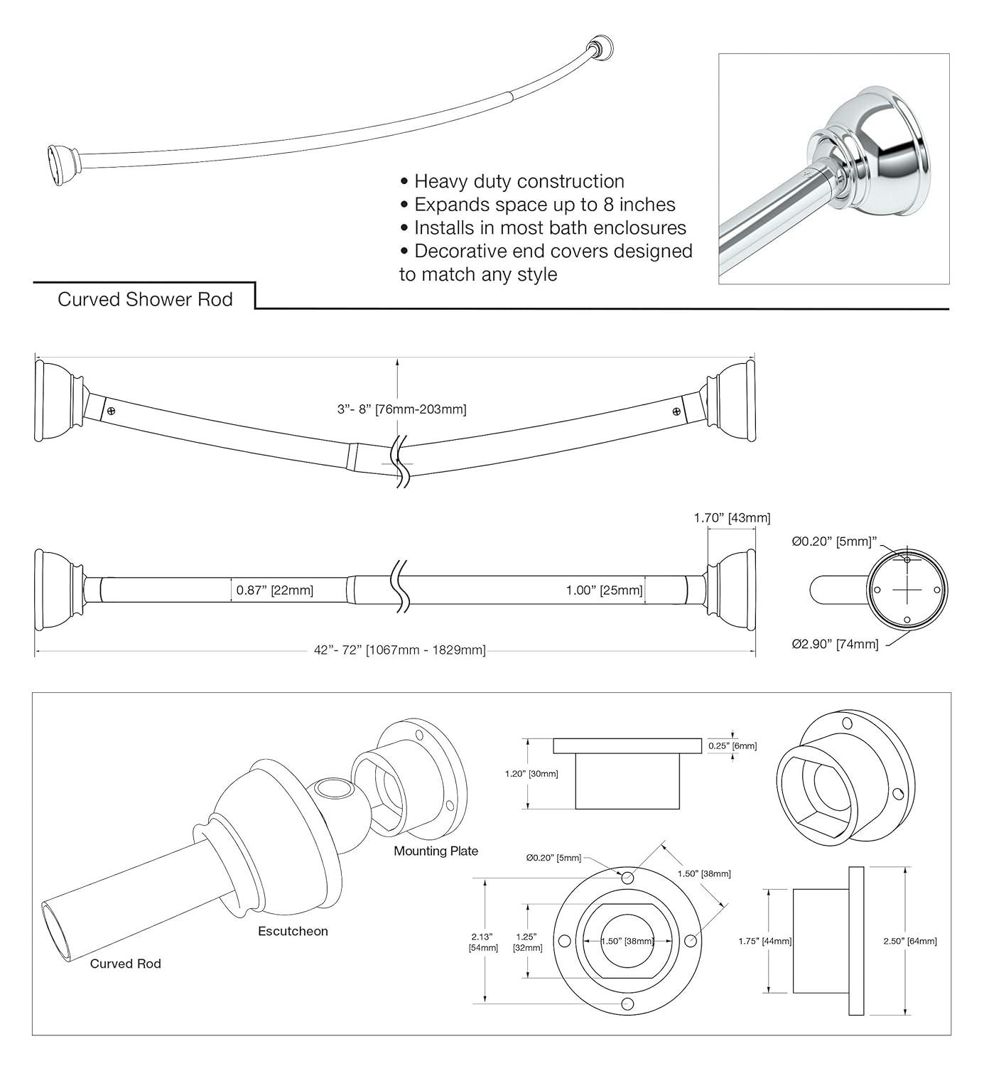 Hotel Comfort 42"- 72" Expandable Curved Shower Curtain Rod | Stainless Steel Shower Rod