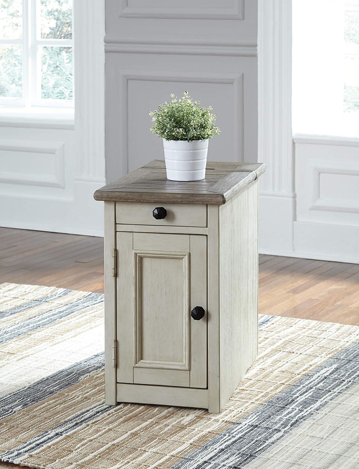 Signature Design by Ashley Bolanburg Chair Side End Table Brown/White: Vintage Style, USB Ports, Storage Cabinet