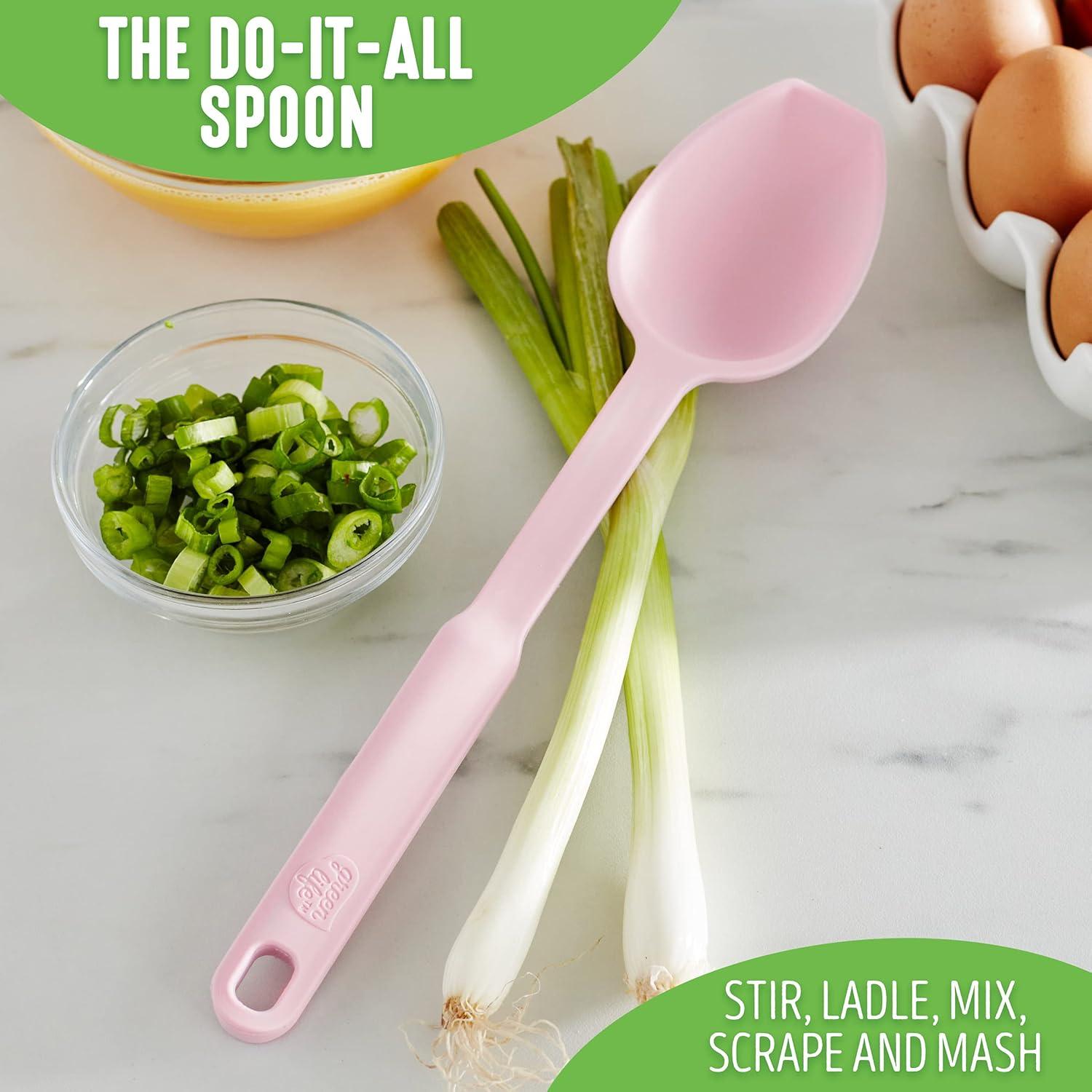 GreenLife Cooking Tools and Utensils, Silicone Spoon for Scooping Scraping and Mixing, Heat and Stain Resistant, Dishwasher Safe, Soft Pink