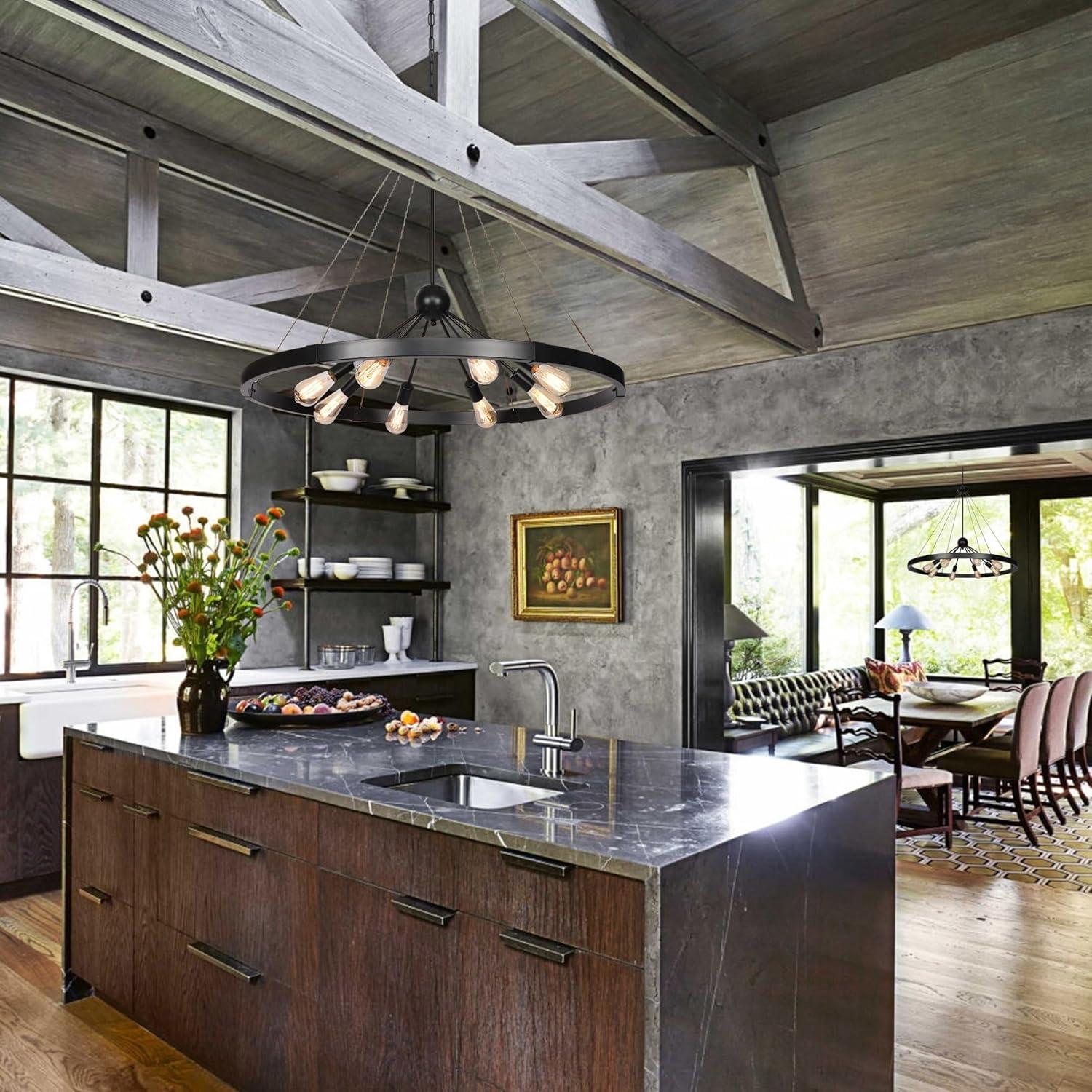 8-Light Farmhouse Black Wagon Wheel Chandelier with Adjustable Chain for Study Dining Room Kitchen