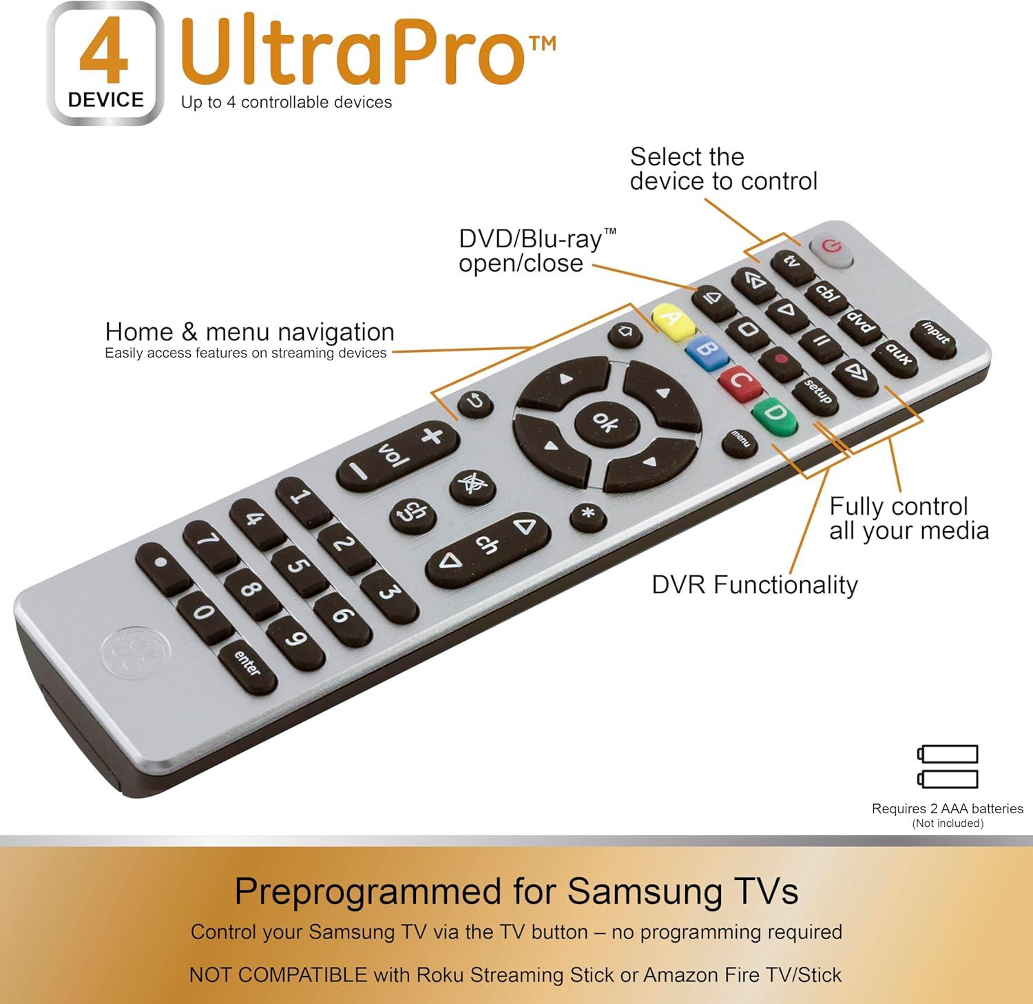 GE 4-Device Universal TV Remote Control in Brushed Silver, 33709