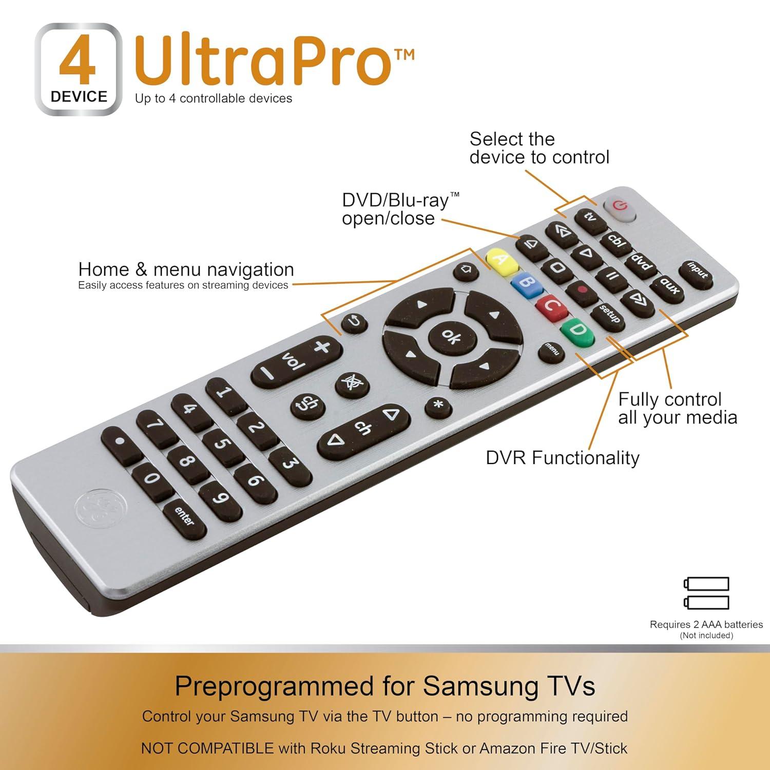 GE 4-Device Universal TV Remote Control in Brushed Silver, 33709
