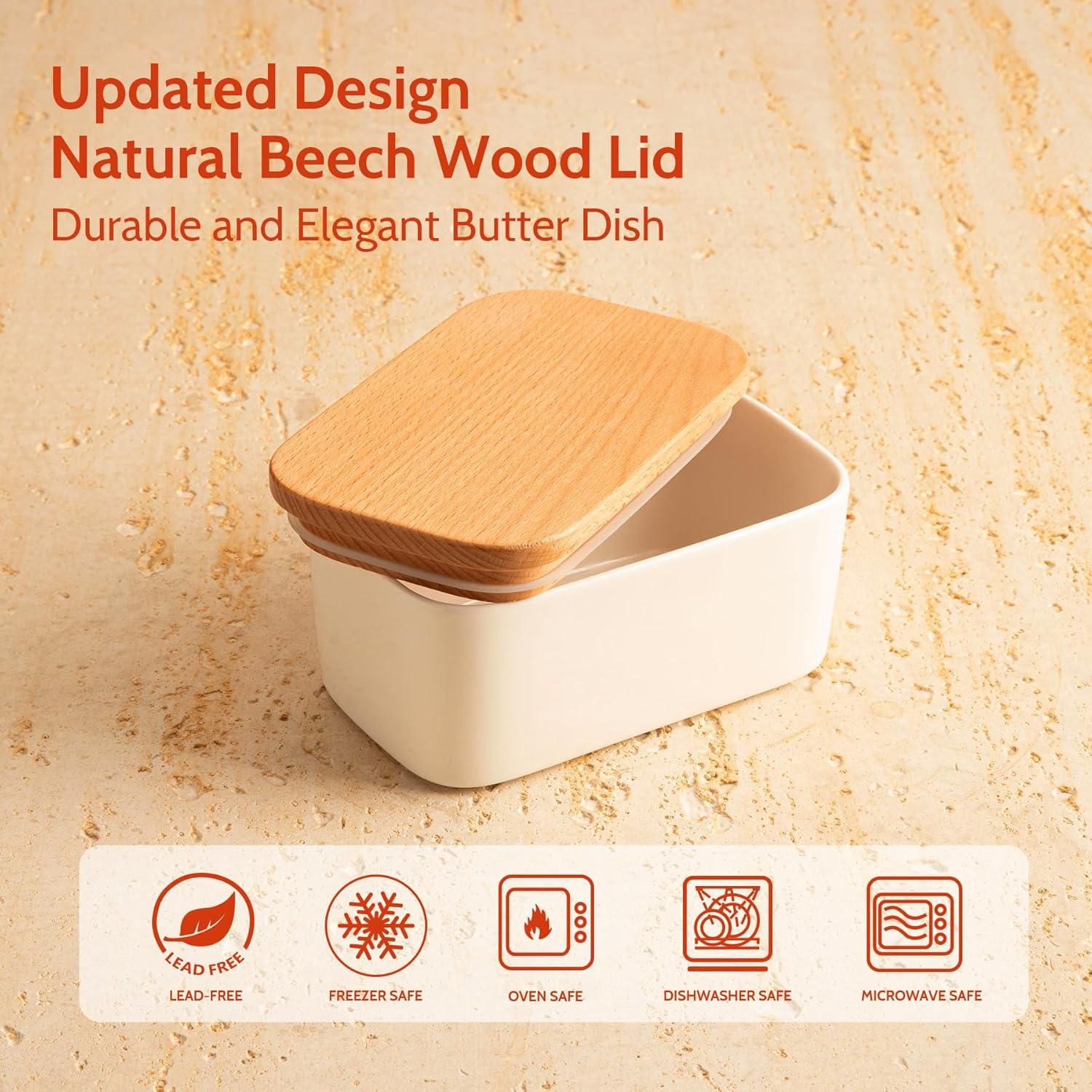 [new and improved] sweese 3151 large butter dish - airtight butter keeper holds up to 2 sticks of butter - porcelain container with beech