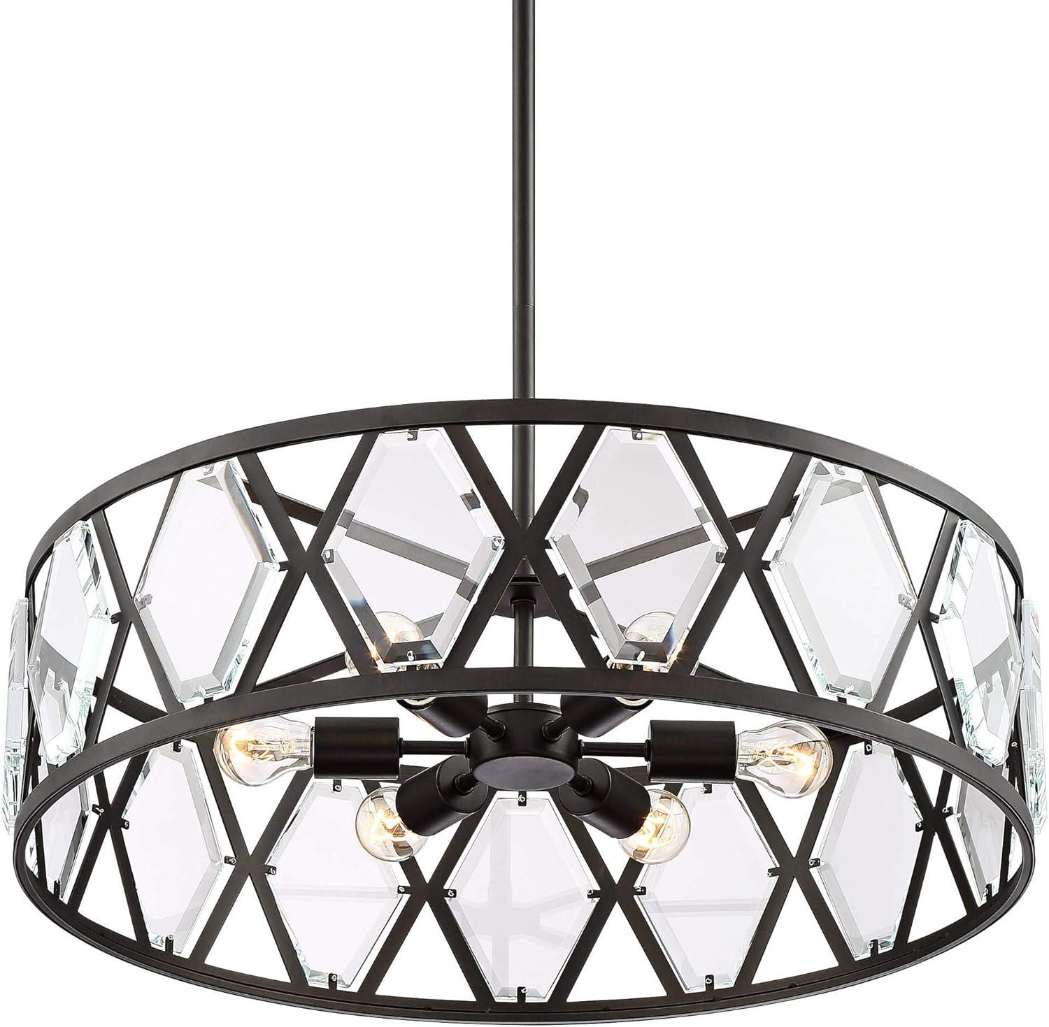 Regency Hill Lexington Black Pendant Chandelier 26" Wide Industrial Drum Clear Crystal 6-Light Fixture for Dining Room House Kitchen Island Entryway