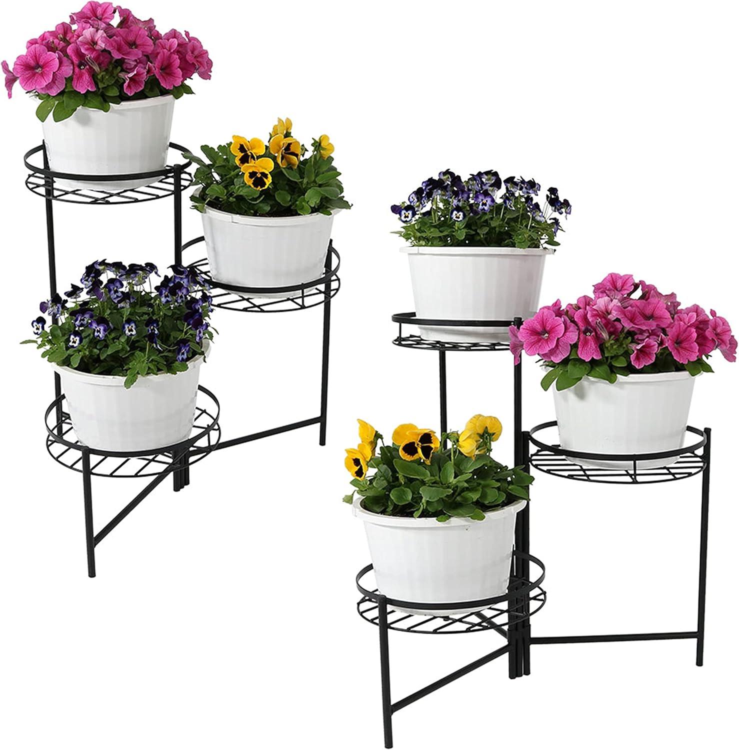 Sunnydaze Iron Metal 3-Tiered Decorative Flower Plant Pot Holder Stand Display - Black - 2pk