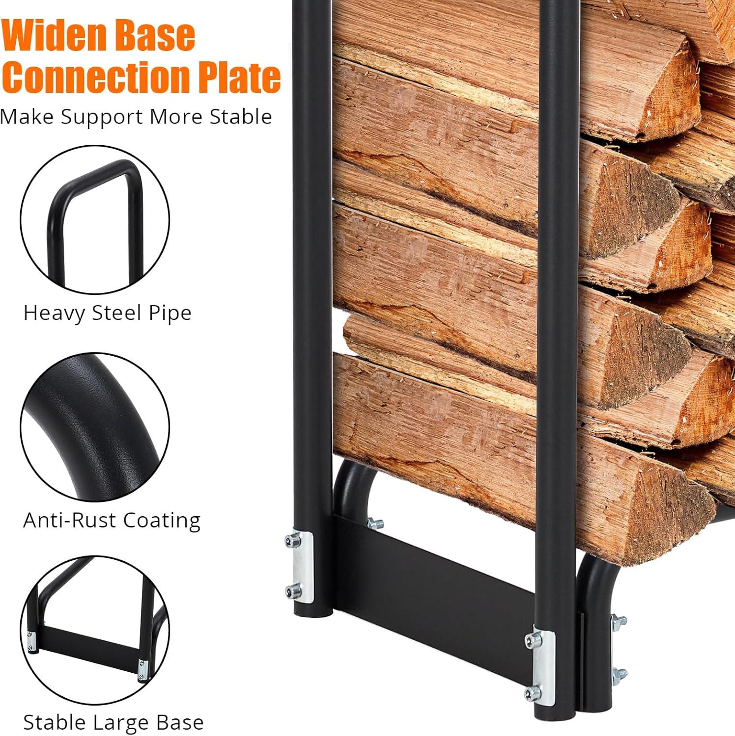 4ft Black Steel Firewood Rack with Weather-Resistant Cover