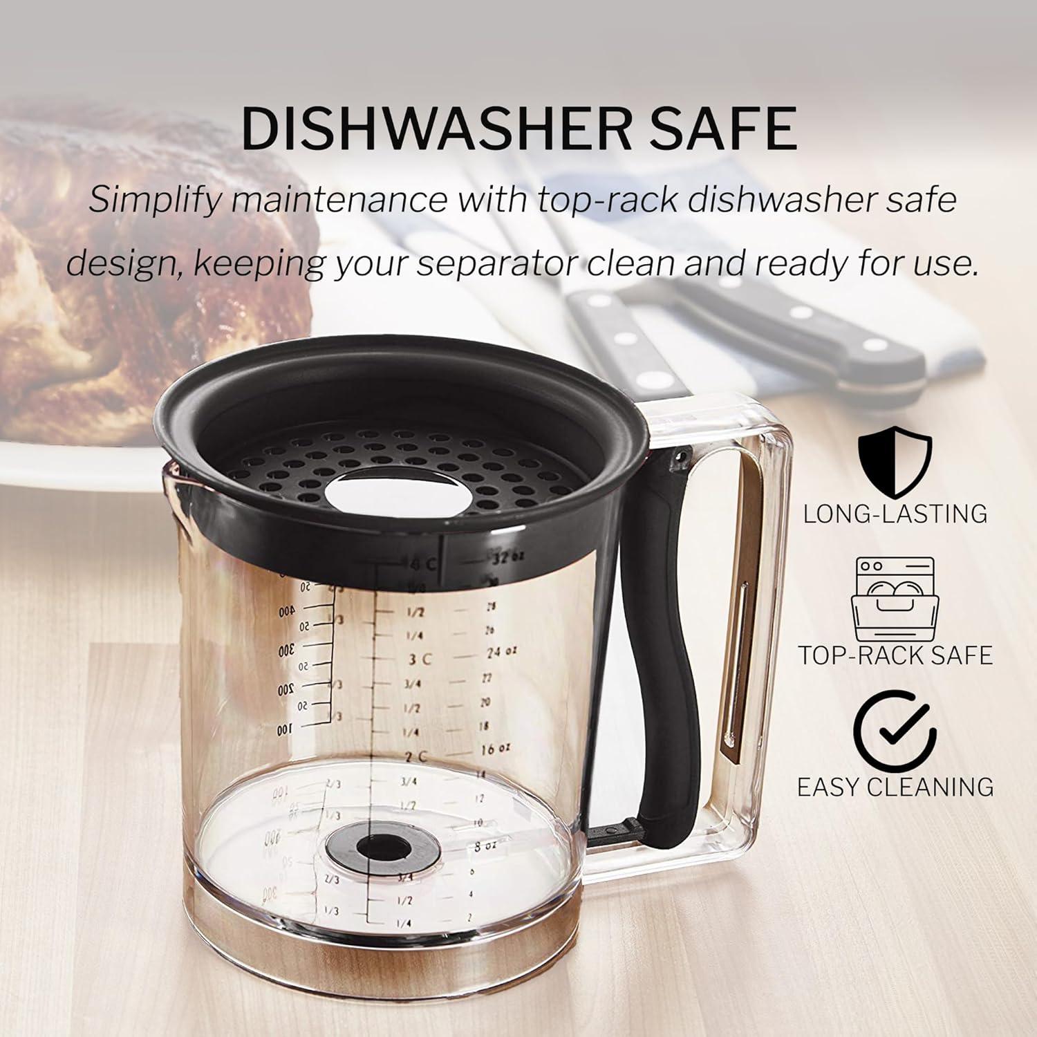 Amco 4 Cup Easy Release Fat And Gravy Separator With Deep Removable Lid & Quick Release Handle - Black