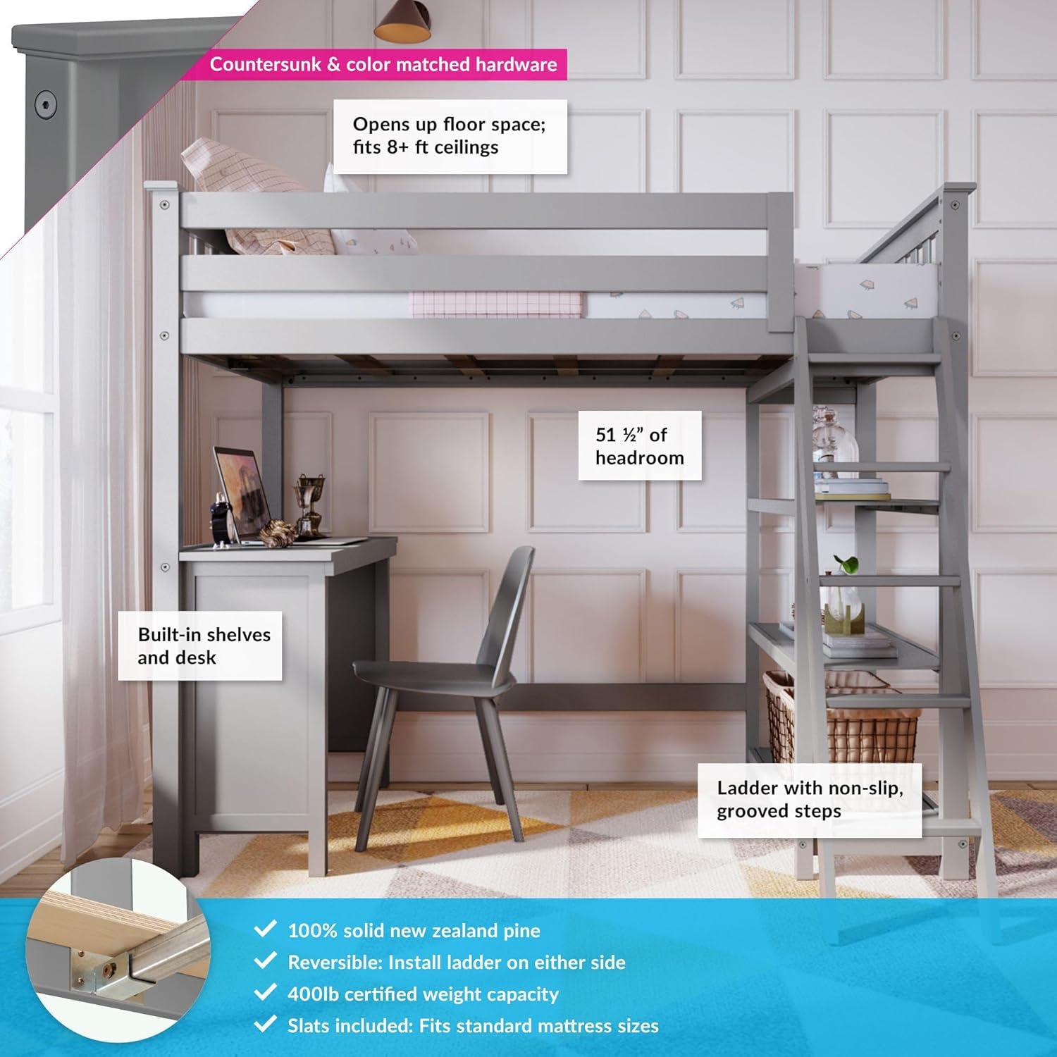 Max & Lily Loft Bed, Solid Wood Twin High Loft Bed with Bookcase and Desk for Kids, White