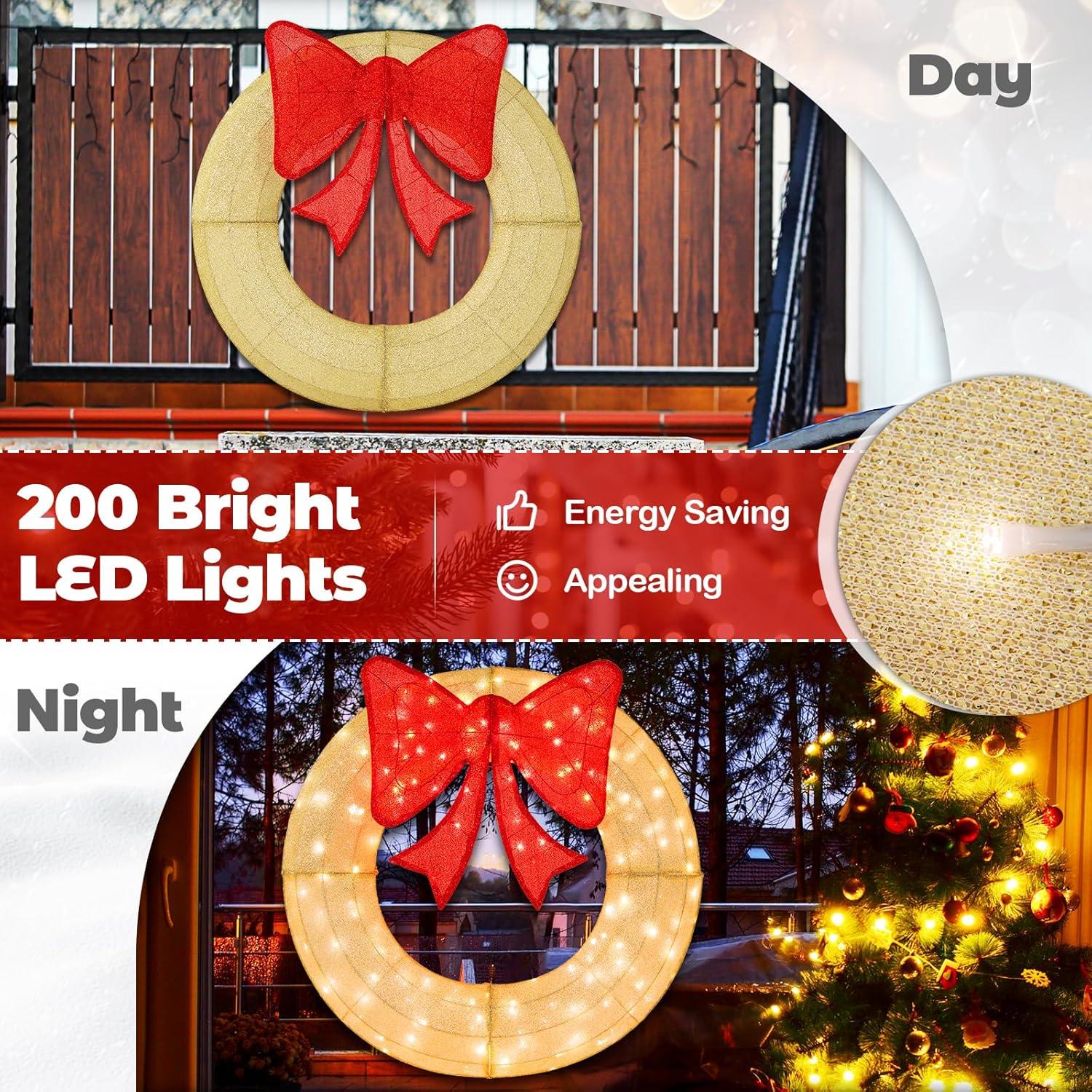 Tangkula 48 Inch Lighted Christmas Mesh Wreath Pre-Lit Festive Wreath w/ 200 LED Bulbs