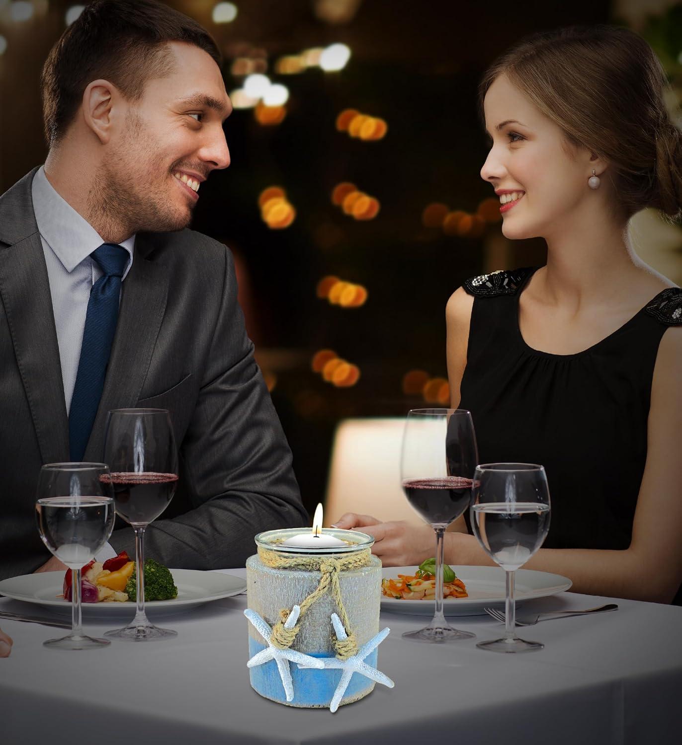 CoTa Global Ocean Breeze Wooden Pillar Candle Holder - Tabletop Coastal Decor Candle Holder with Hanging White Starfish, Ocean-Themed Blue Candle Holder Centerpieces - Handmade, Color May Vary