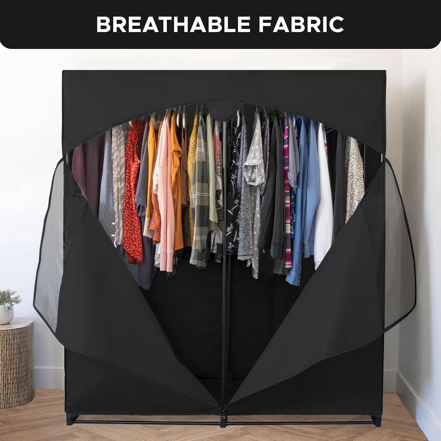 HOLDN’ STORAGE Portable Wardrobe Closet, Large - Premium Heavy Duty Metal Hanging Rod with Black Cover- 50 Lb. Weight Capacity- Super Easy Assembly, No Tools Required