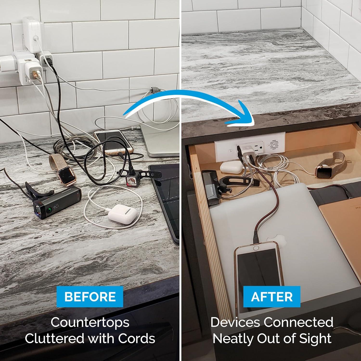 White Tamper Resistant In-Drawer Outlet with USB-C Ports