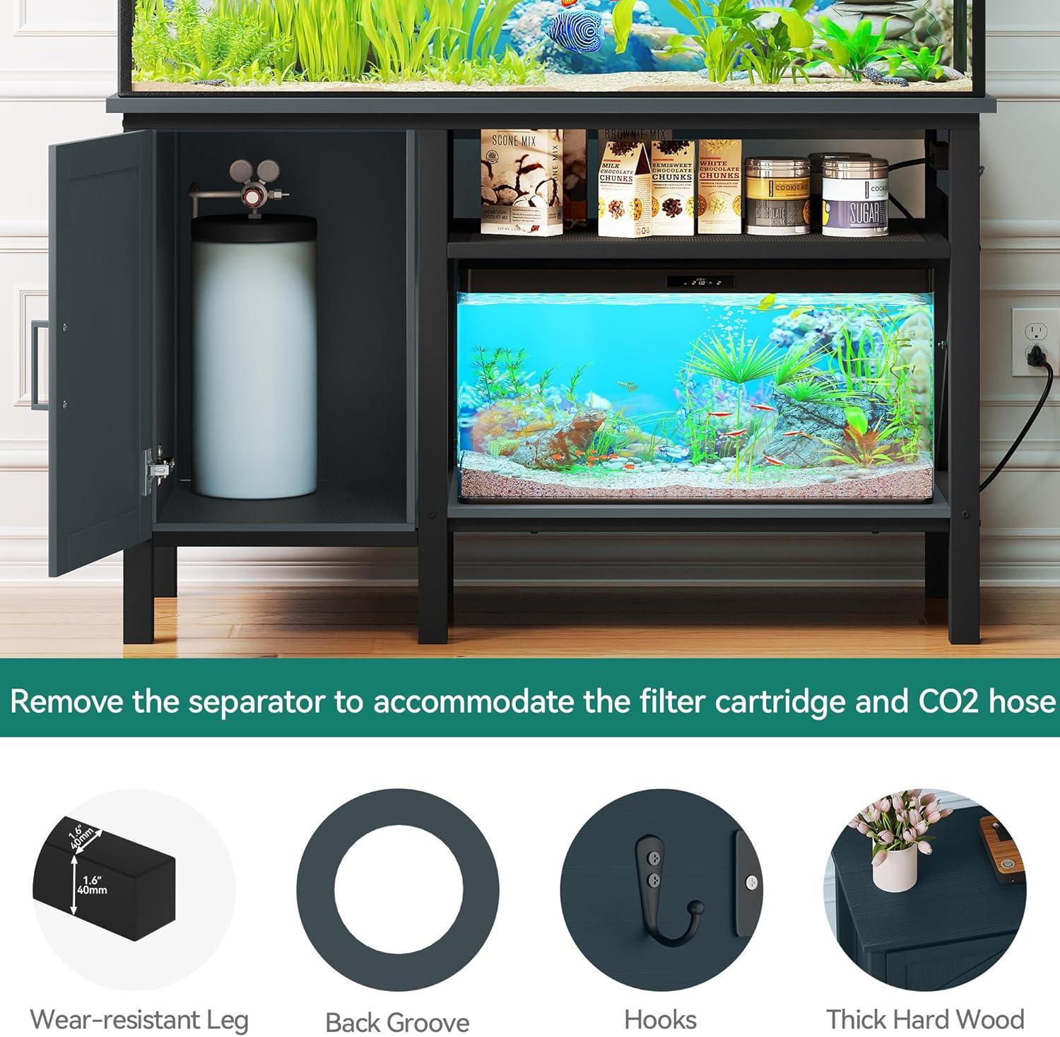 iSunirm 55-75 Gallon Aquarium Stand with Shelf, Fish Tank Stand with Power Outlets and LED Lights, Heavy Duty Reversible Aquarium Stand with Cabinet, for Fishes and Reptiles, 49.2"L*18.9"W, Black Oak