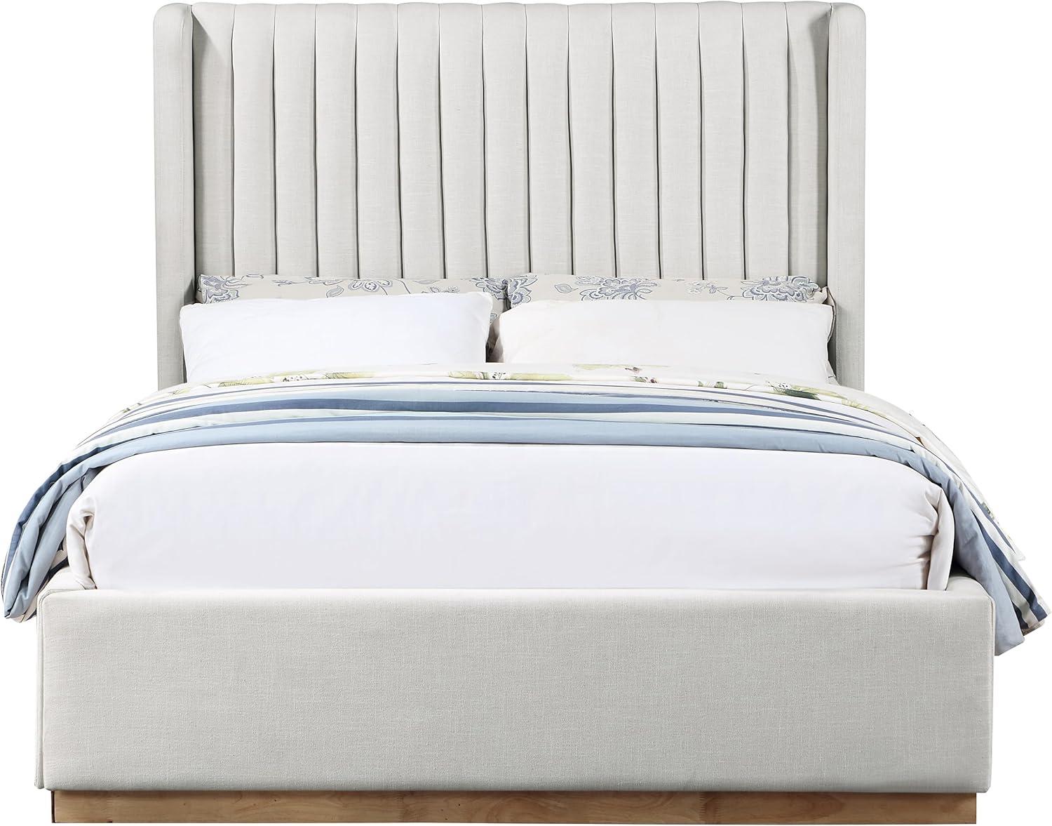 Meridian Furniture Queen Contemporary Linen Fabric Wingback Bed, Cream