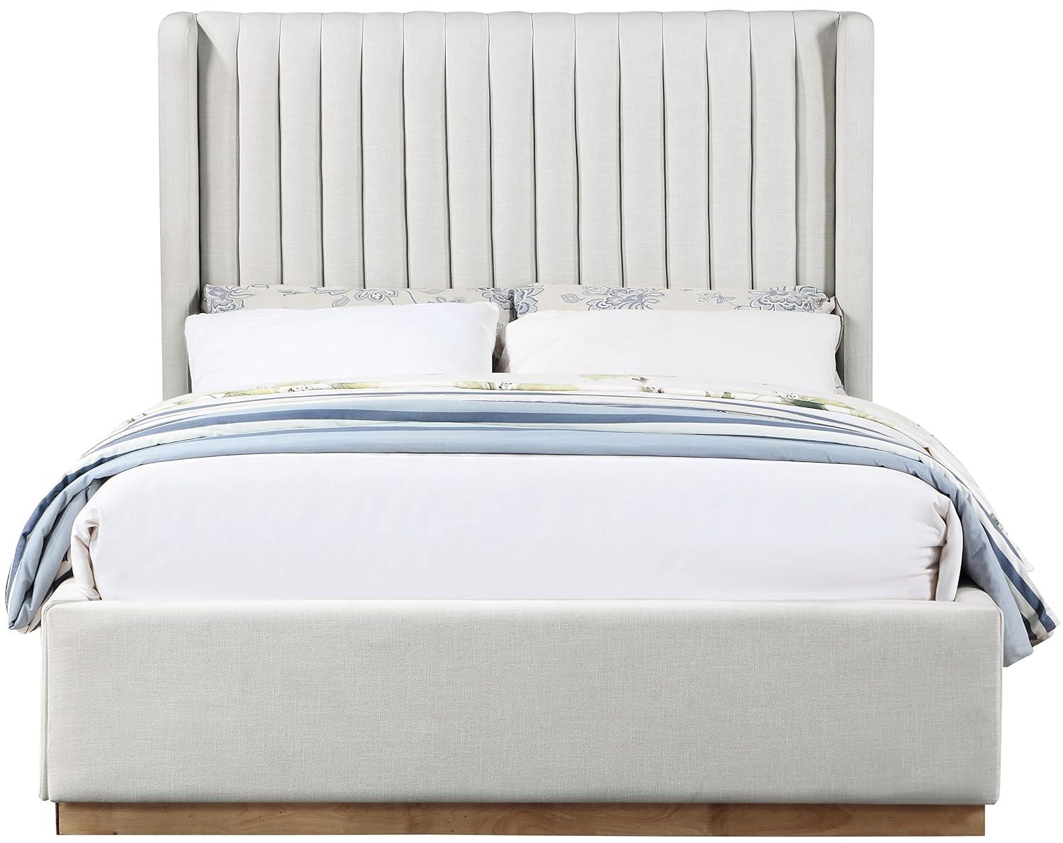 Meridian Furniture Queen Contemporary Linen Fabric Wingback Bed, Cream