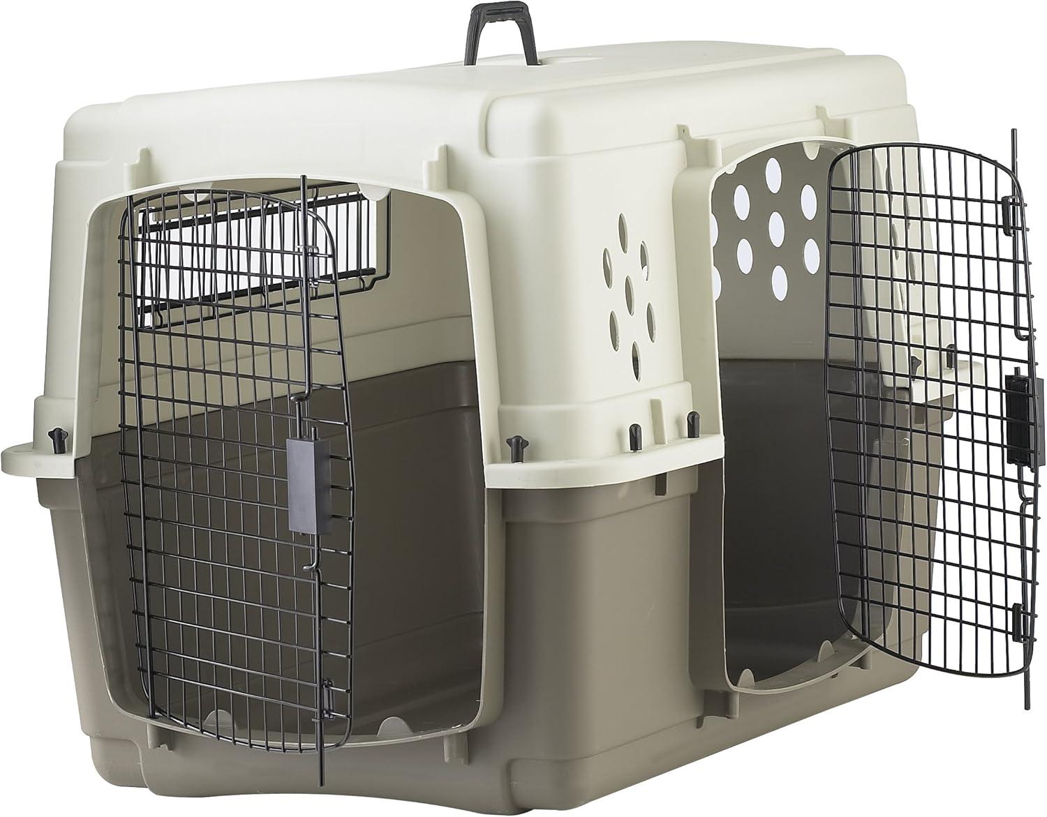 Miller Manufacturing Company Portable Plastic Hard Sided Pet Travel Crate Carrier Kennel w/ Double Doors For Dogs, Rabbits, & Animals, Beige & Taupe