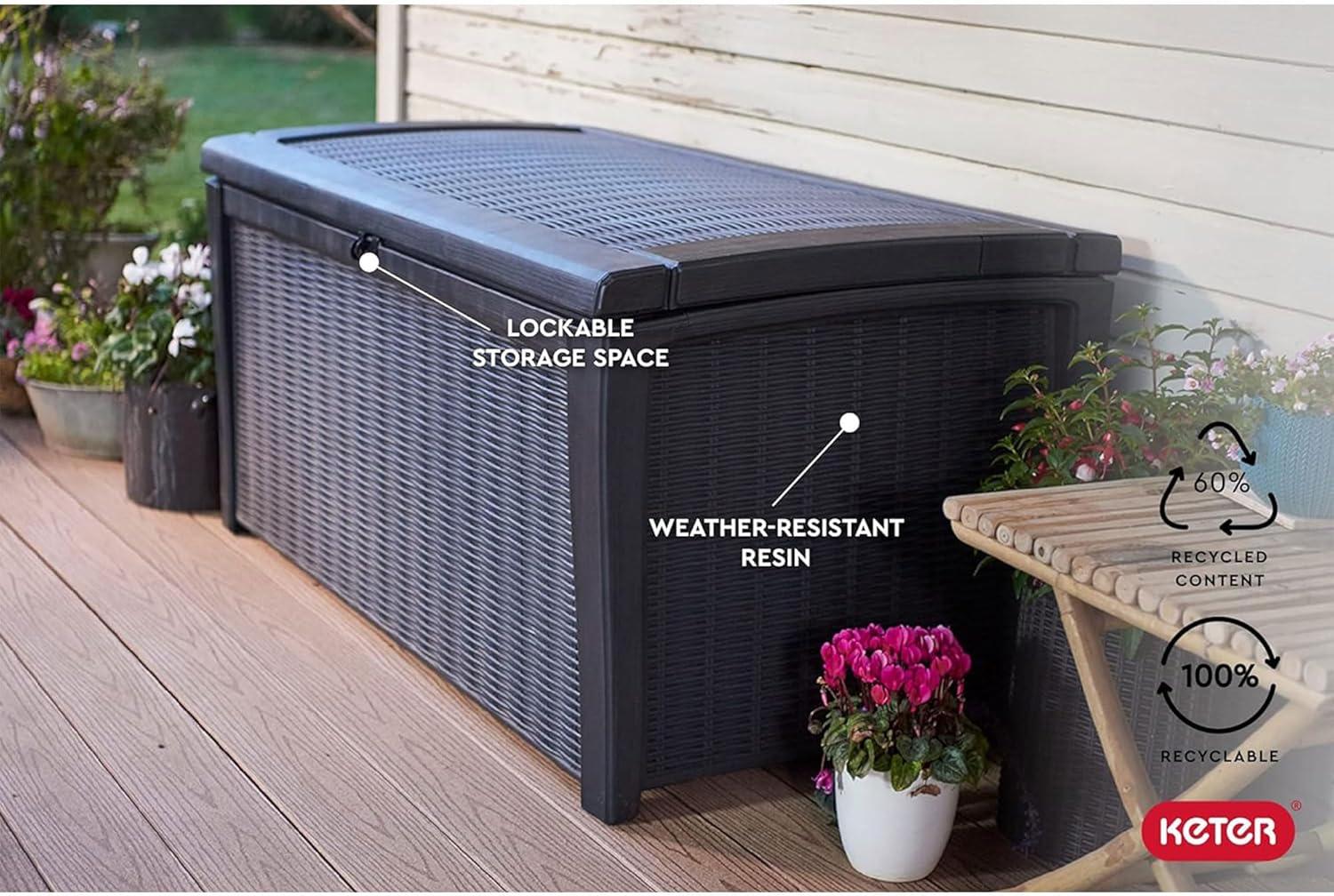Keter Keter Borneo 110 Gallon Rattan Wicker Resin Patio Deck Storage Box Bench