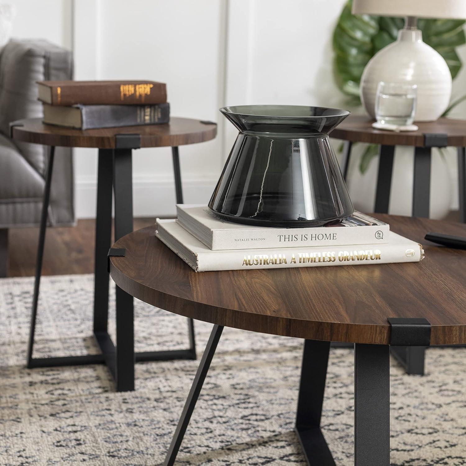 Walker Edison 3 Piece Industrial Wrap Leg Accent Table Set, Dark Walnut