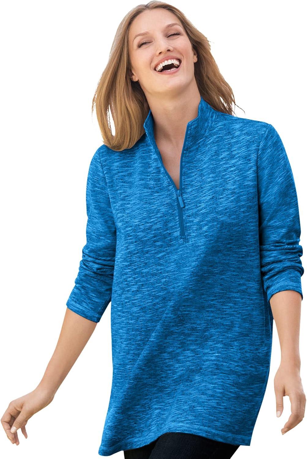 Woman Within Women's Plus Size French Terry Quarter-Zip Sweatshirt - 22/24, Bright Cobalt Marled