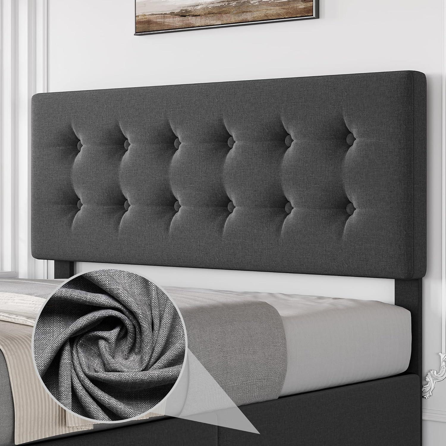 GAOMON Queen Size Bed Frame with 4 Storage Drawers and Headboard, Linen Upholstered Platform Bed Frame with Wooden Slats Support, Button Tufted Design, No Box Spring Needed, Dark Grey