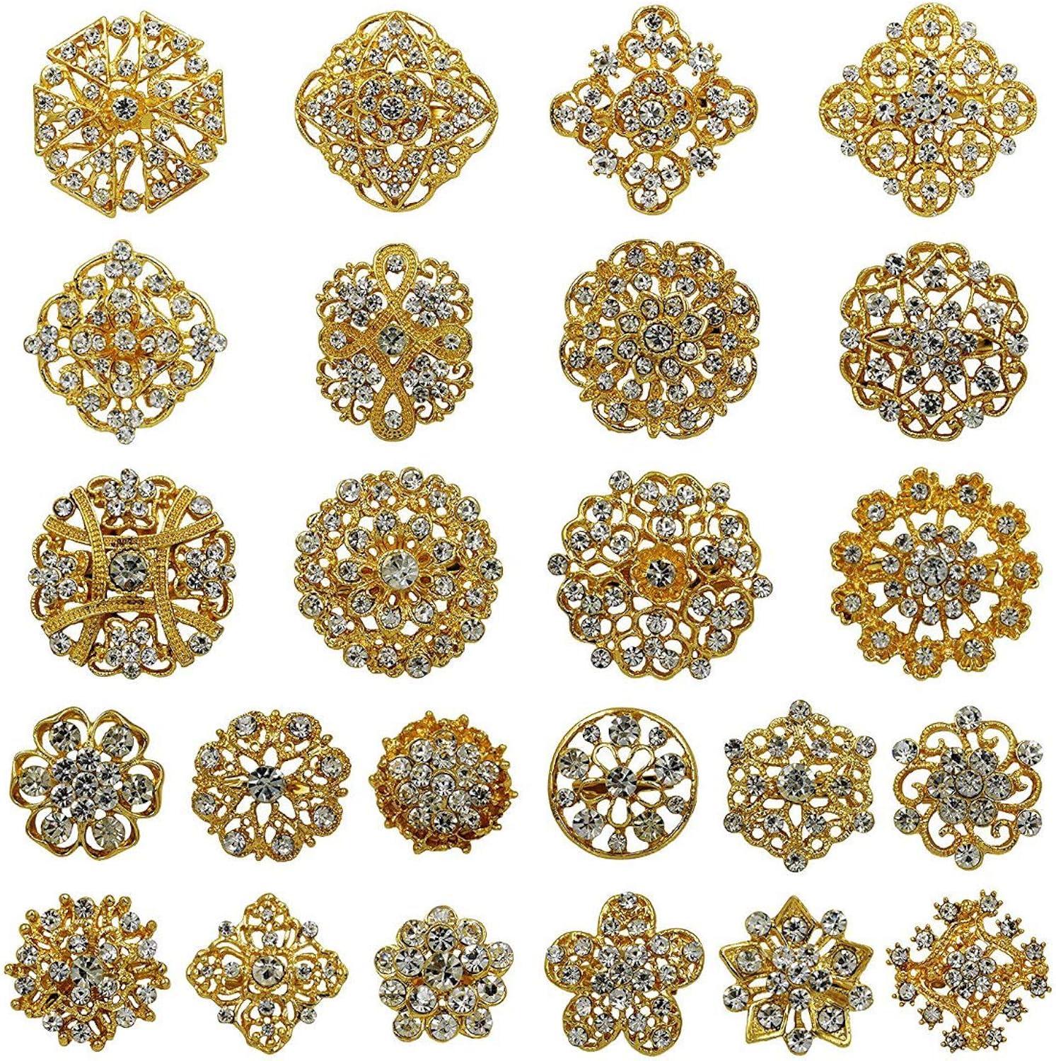 Zhouqiannn Exquisite Alloy Brooches with Rhinestones 24pc Golden Set for Wedding Bouquets and Dresses Birthday Party Event Wristbands Event Dress Party Flag Tropical Party Decorations Party Dress for