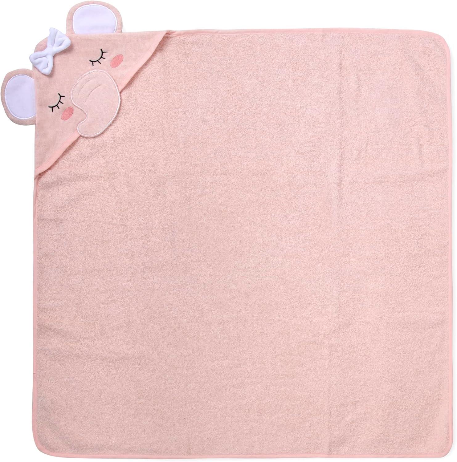 Delicate Pink Cotton Hooded Elephant Baby Washcloth and Towel Set