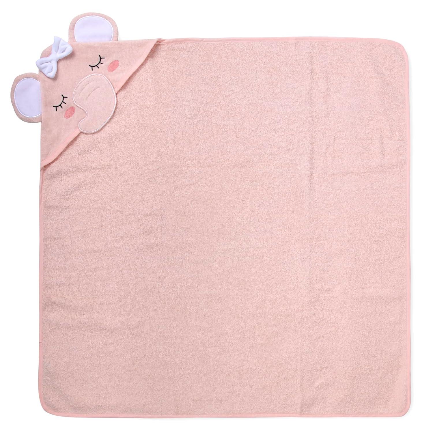 Delicate Pink Cotton Hooded Elephant Baby Washcloth and Towel Set