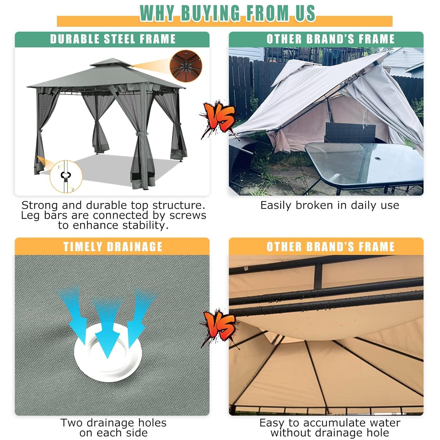 HOTEEL 10x20 Gazebo on Clearance, Outdoor Gazebo Tent with Mosquito Netting and Ventilated Double Flat Roof, Easy Set up Canopy Tent with Stable Metal Frame for Patio, Khaki (Upgraded 2.0)