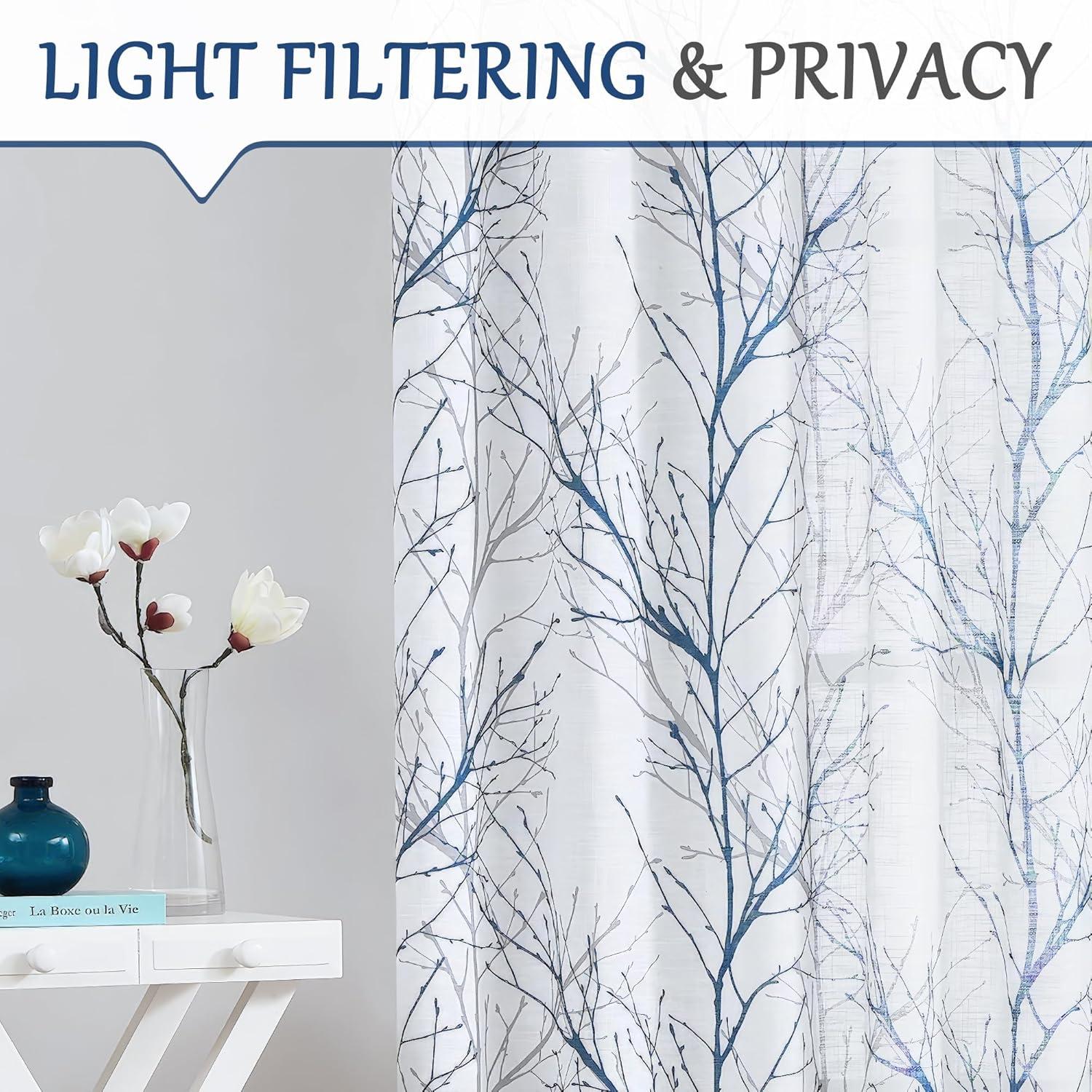 Gray and Blue Tree Branch Sheer Grommet Curtain Panels